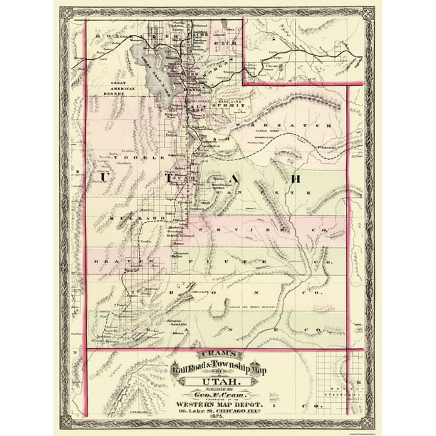 Old Railway Decorative Map of Utah Cram ca 1875